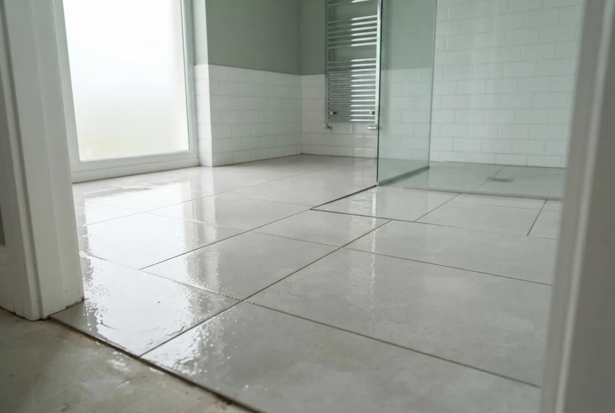 Tiled wet-room floor being sealed with a clear liquid membrane