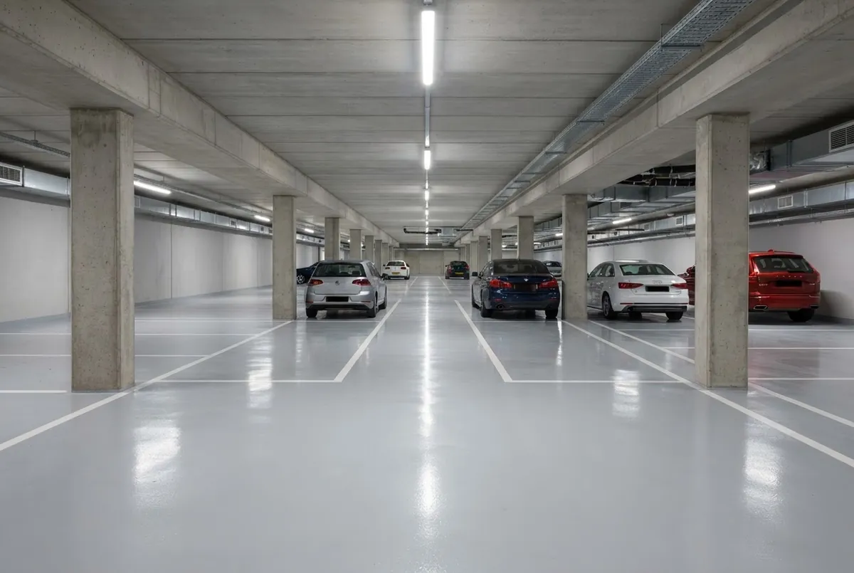 Underground car park with a light grey resin floor and white bay lines