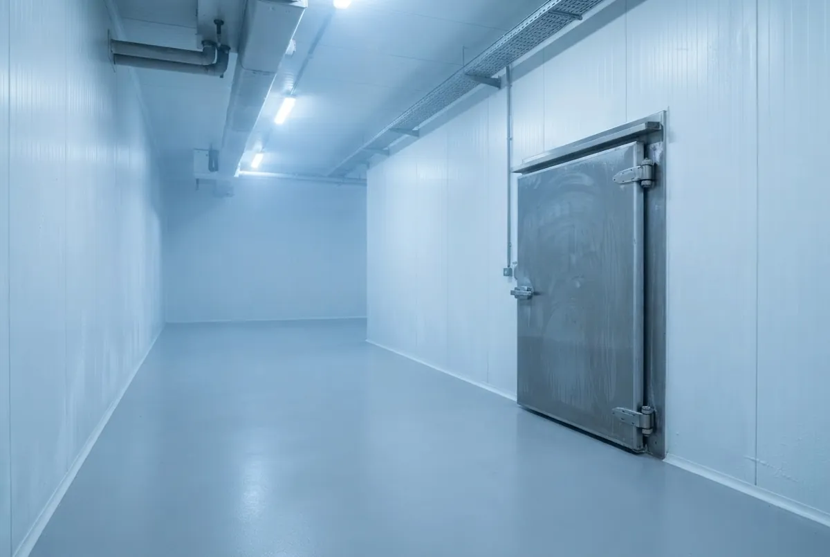 Cold storage room with a pale grey resin floor and white insulated wall panels