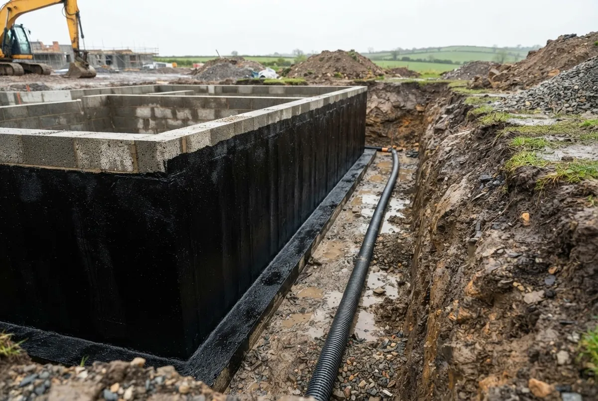 Concrete foundation walls coated with a black waterproof membrane before backfill