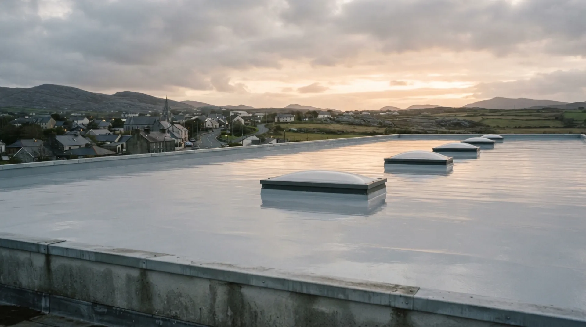 Freshly coated seamless grey flat roof at dusk