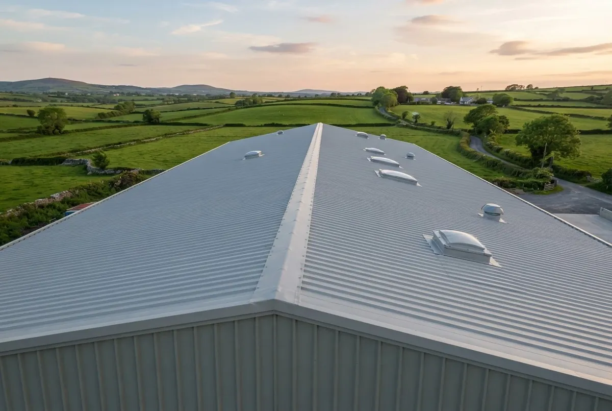 Corrugated metal roof coated with a seamless light grey protective membrane