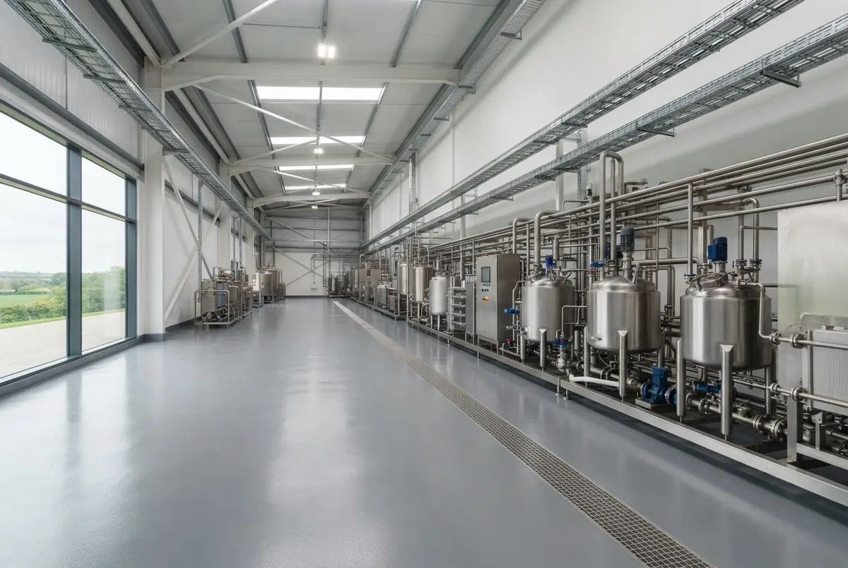 Industrial production hall with a mid grey chemical-resistant resin floor