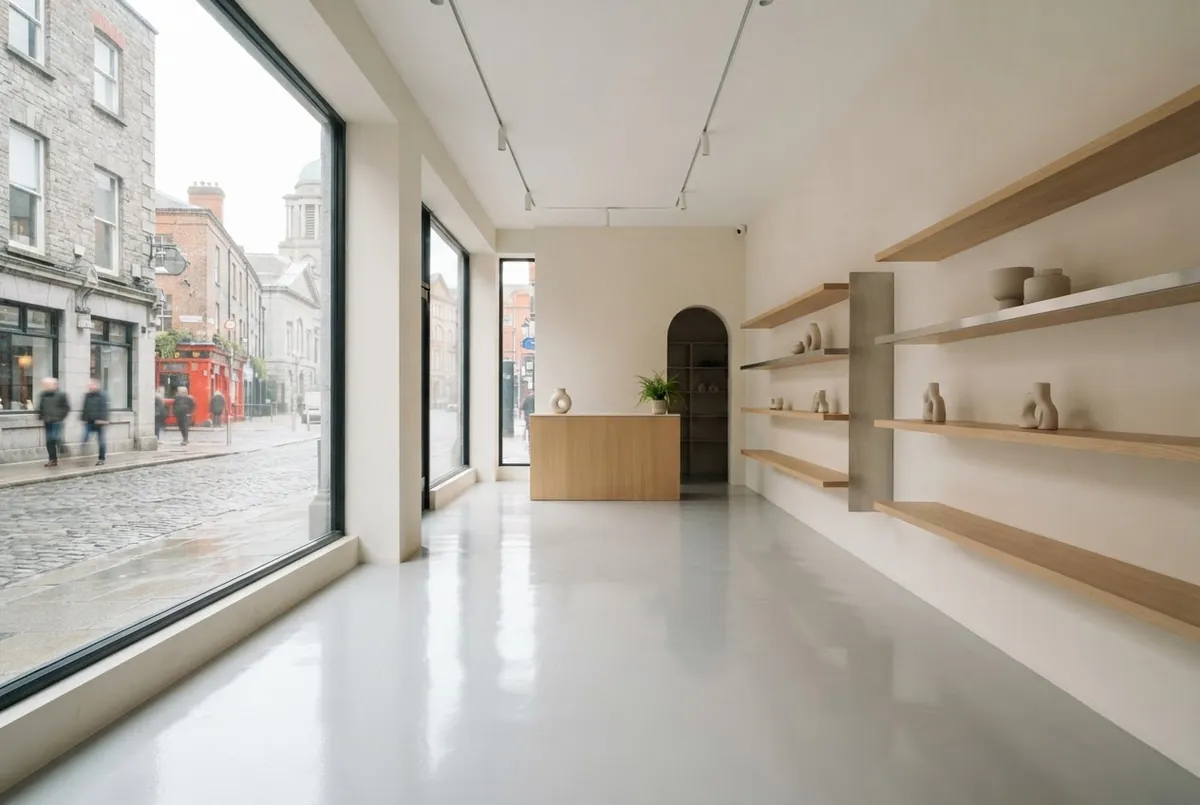 Retail shop interior with a polished light grey resin floor