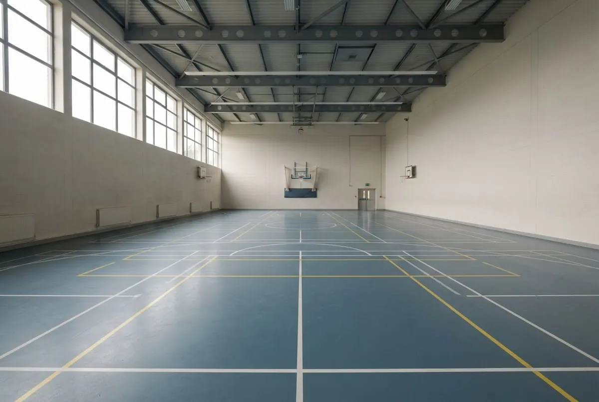Indoor sports hall with a blue-grey seamless polyurethane floor and white court lines