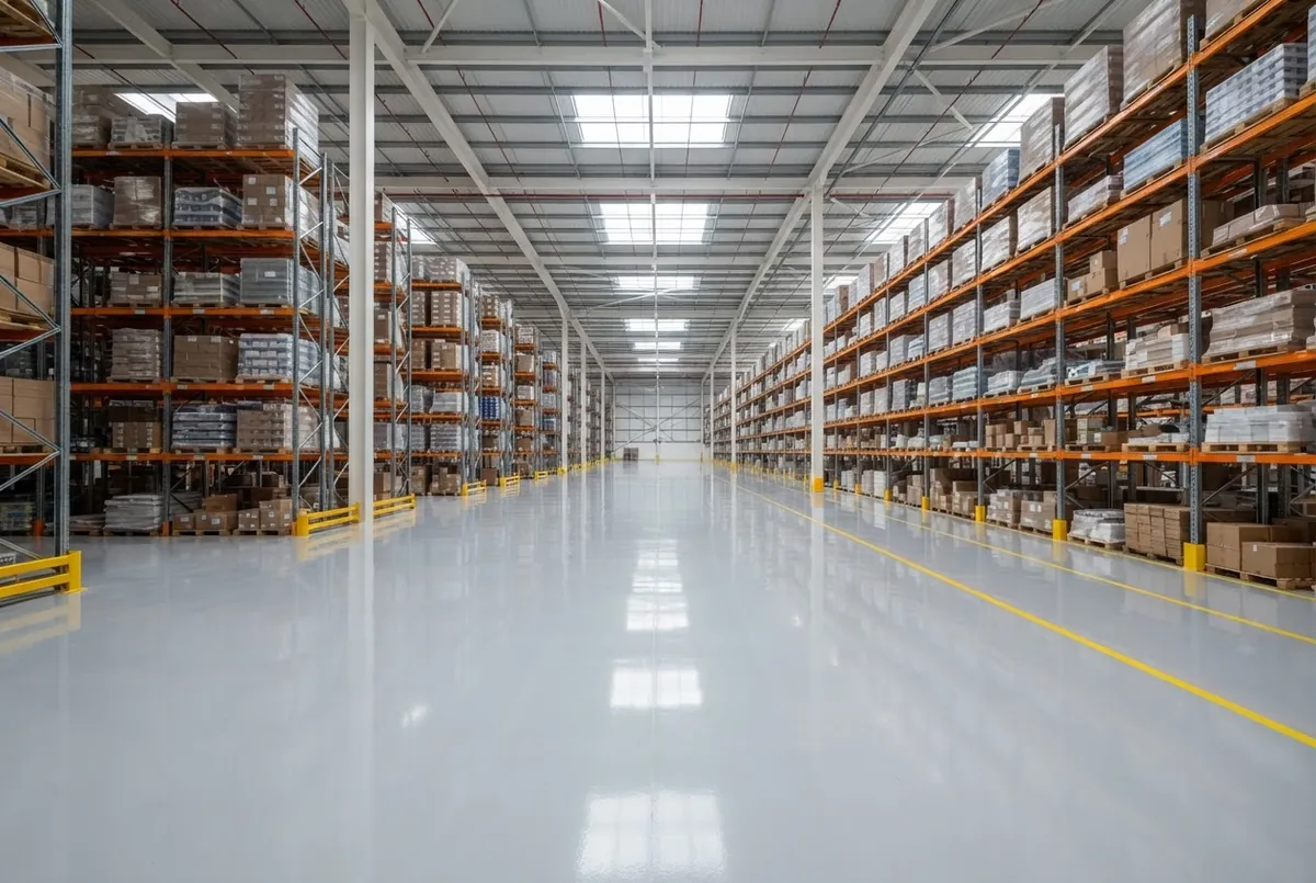 Distribution warehouse with a pale grey epoxy floor and yellow aisle markings